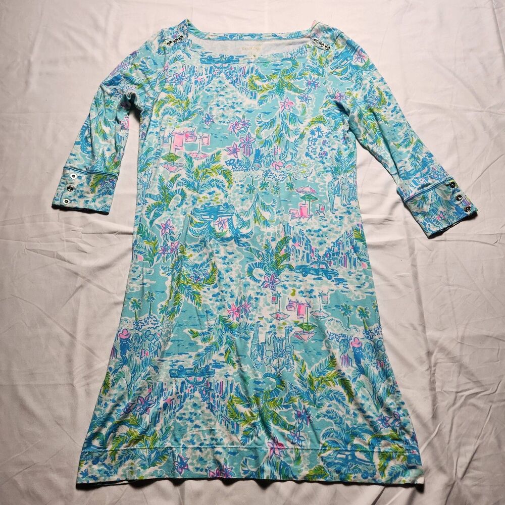 Lilly Pulitzer Womens Large Sophie 3/4 Sleeve Dress Colorful Gold Button Blue